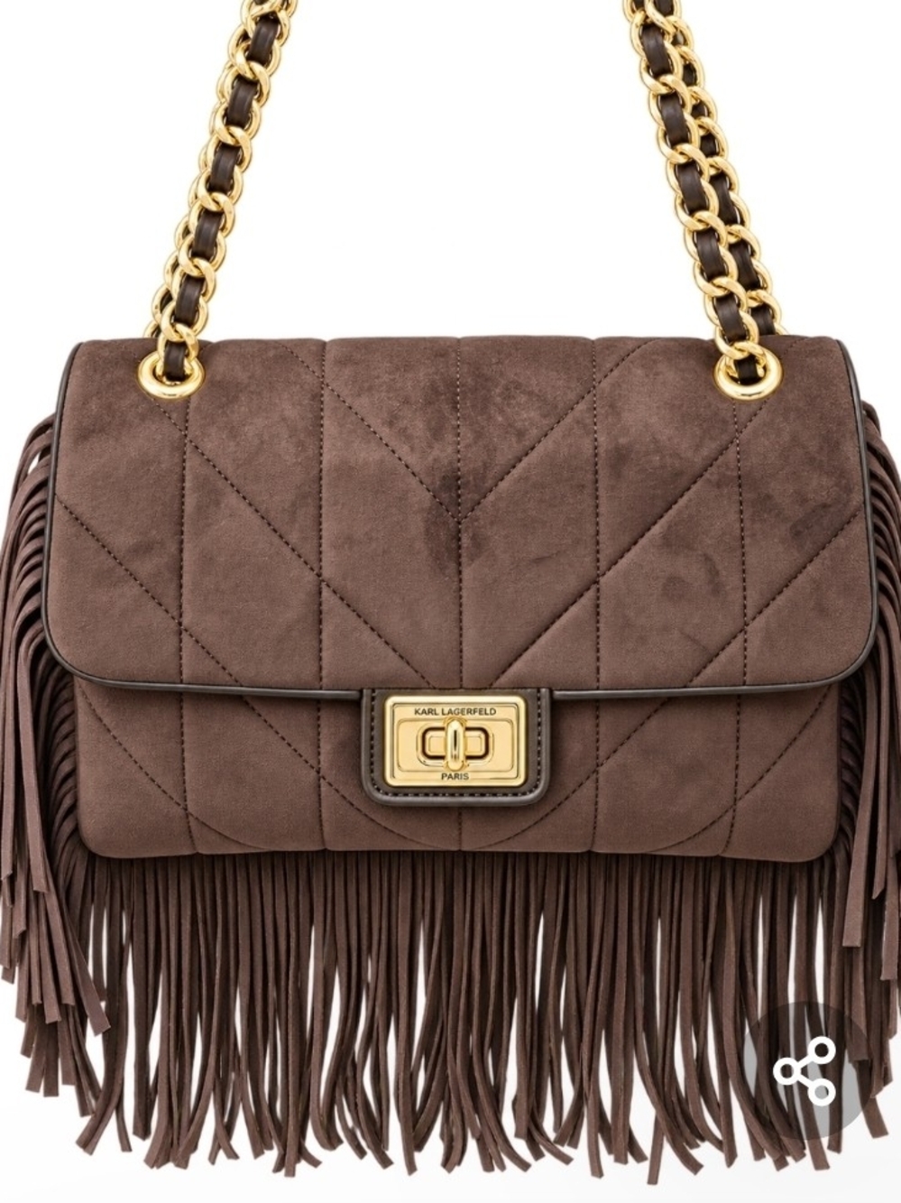 Karl Lagerfeld Chocolate Brown Quilted Suede Fringe Shoulder Bag with Gold Chain